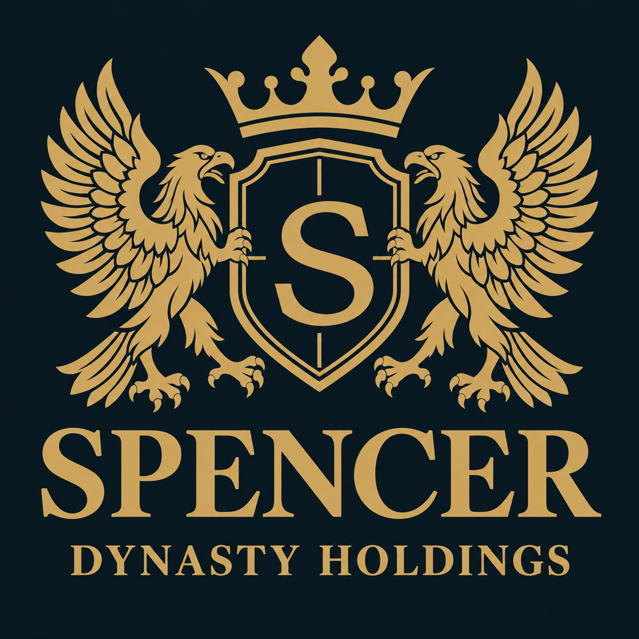 Spencer Dynasty Holdings gold crest with two eagles supporting a crowned S shield
